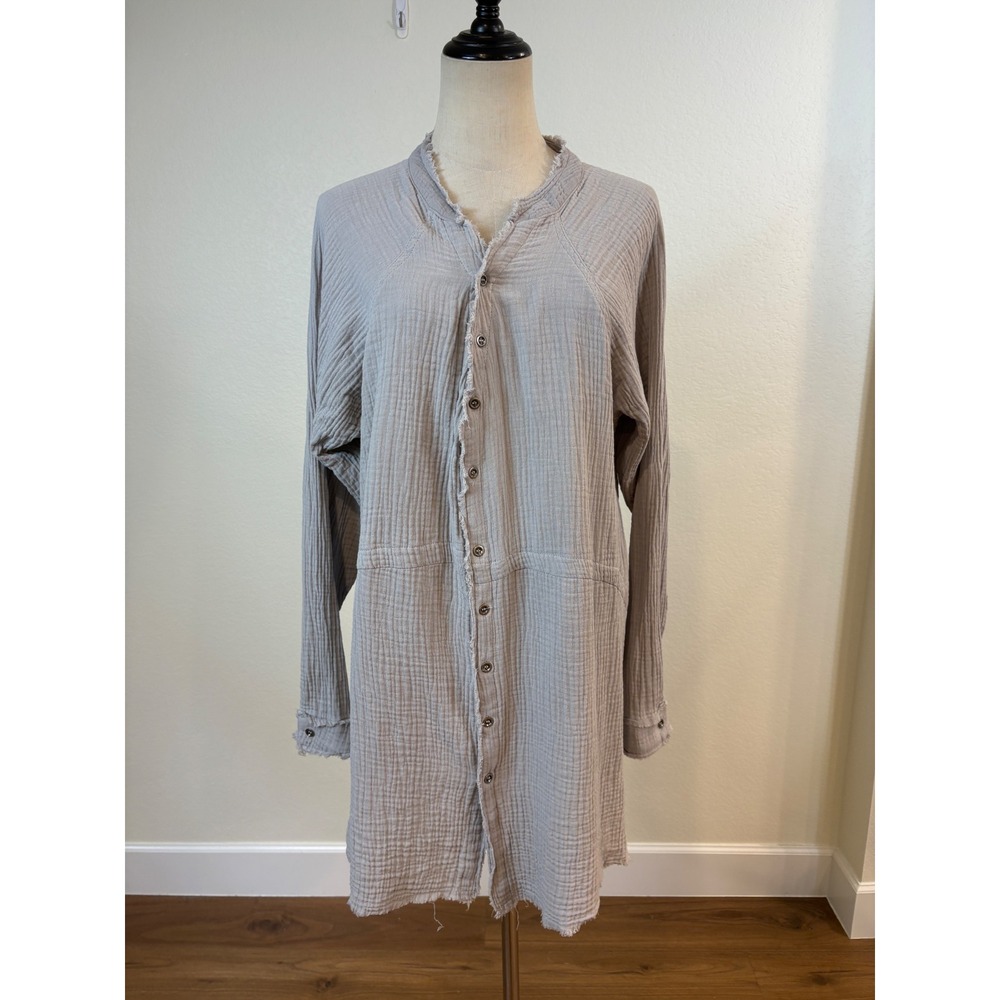 BKE Gauzy Cotton Long Top Large Gray Oversized Raw Hem Button Down‎ Laggonlook